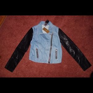 Cropped Denim & Leather Moto Jacket